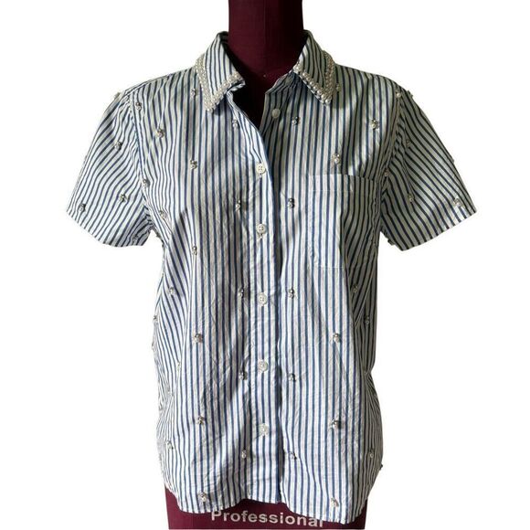 Talbots EMBELLISHED SHORT SHIRT Blouse size S White Blue DAFFODIL STRIPE Button - Picture 2 of 9